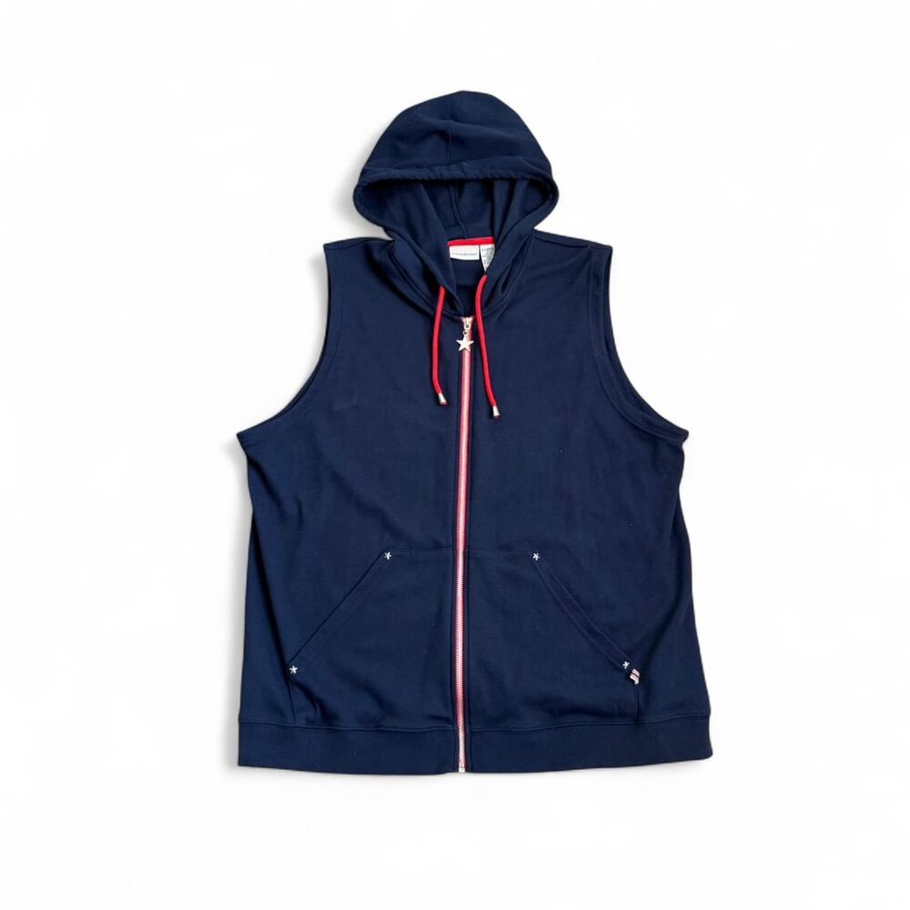 90s Sleeveless Hoodie Star Accents White Stag Navy Blue XL